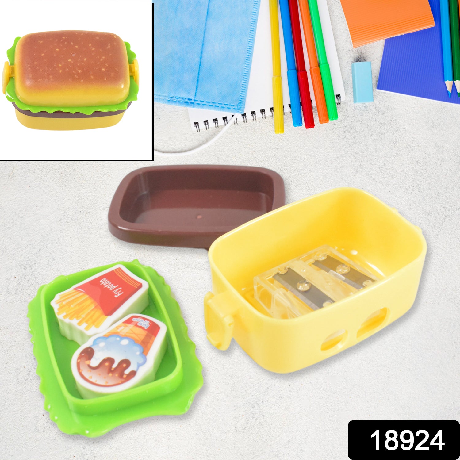 Plastic Burger Shape Small Size Double Hole Sharpener With Eraser (1 Set) Plastic Burger Shape Small Size Double Hole Sharpener With Eraser (1 Set)